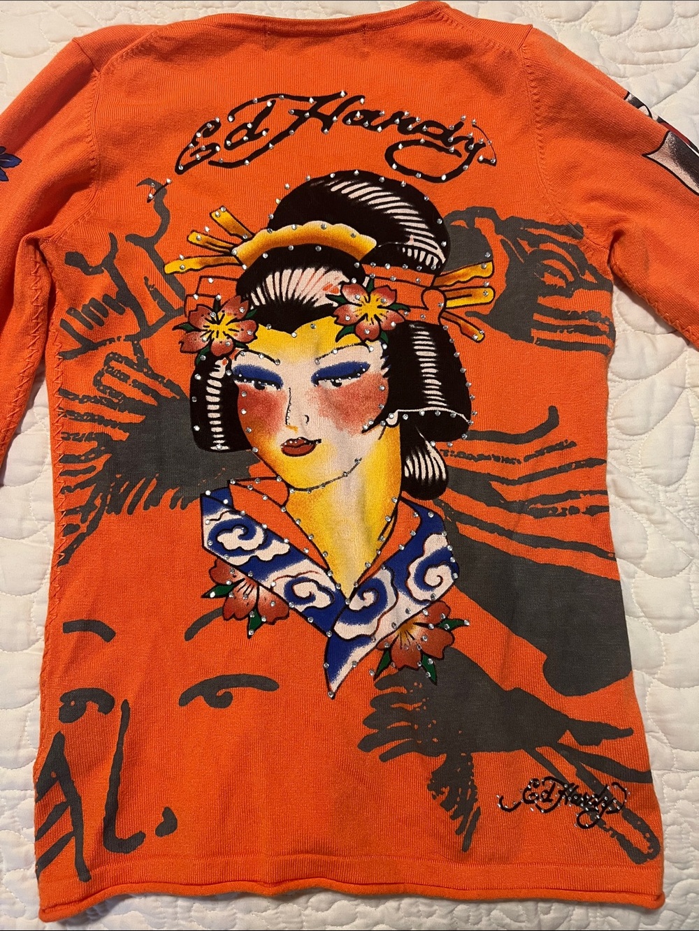 Ed Hardy Sweater by Christian Audigier Geisha Artwork Long-Sleeve